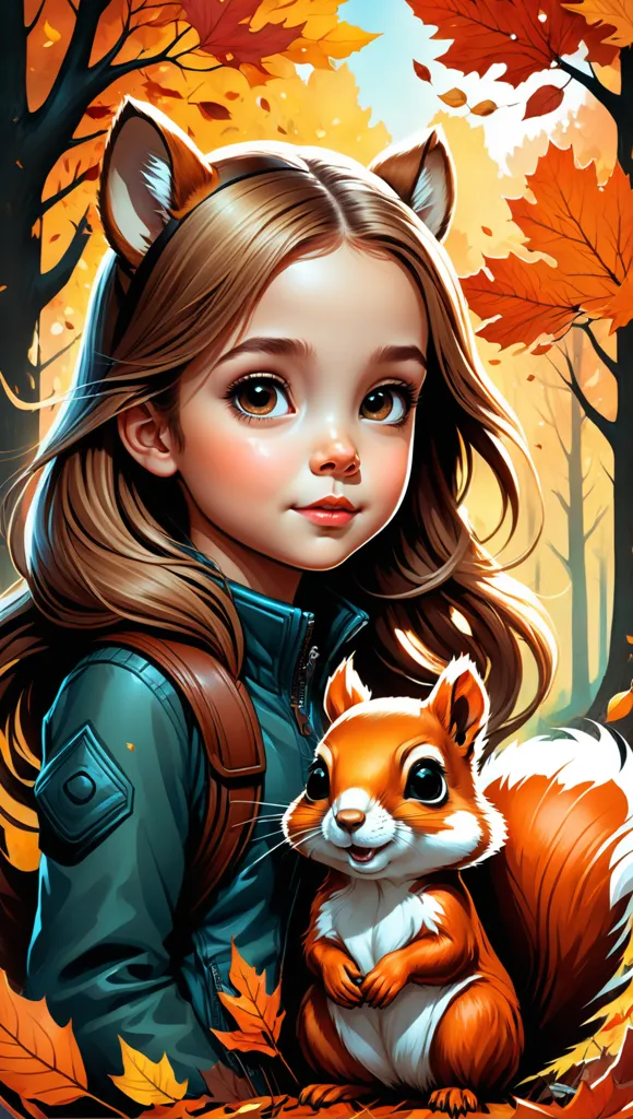 The picture shows a young girl with long brown hair and brown eyes. She is wearing a blue jacket and has a brown bag on her back. She has fox ears and a squirrel is sitting on her shoulder. The background is a forest with orange autumn leaves. The girl is looking at the squirrel with a happy expression on her face.