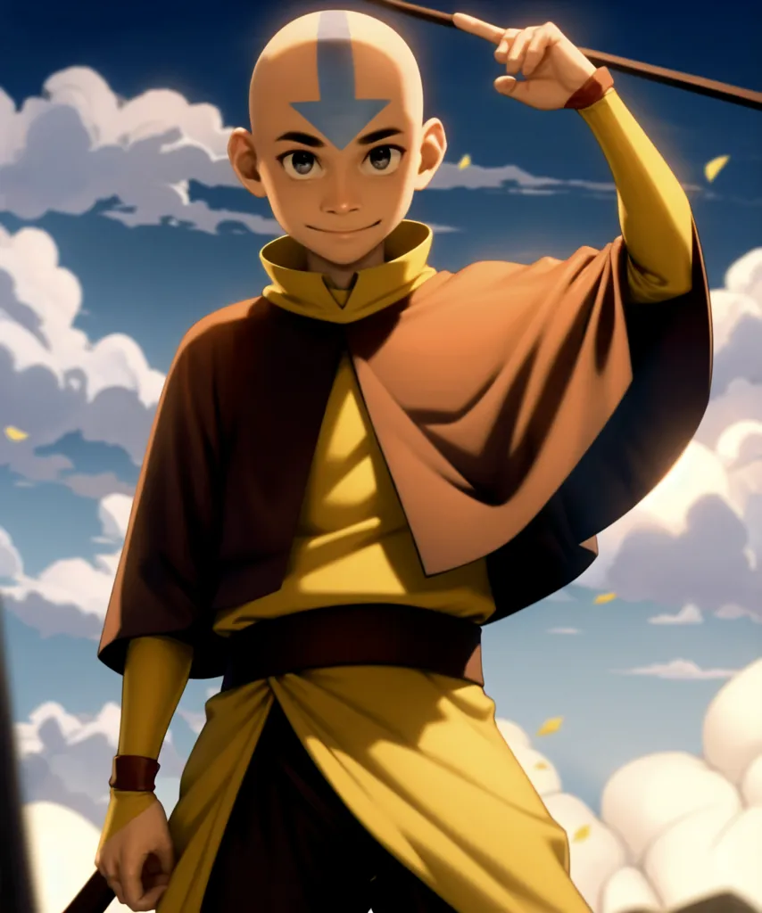 The image is a depiction of Aang, a character from the animated television series Avatar: The Last Airbender. He is shown as a young boy with a bald head and blue eyes, wearing a yellow and orange outfit. He is standing in a confident pose, with one hand raised in the air, and is surrounded by a blue and white background.