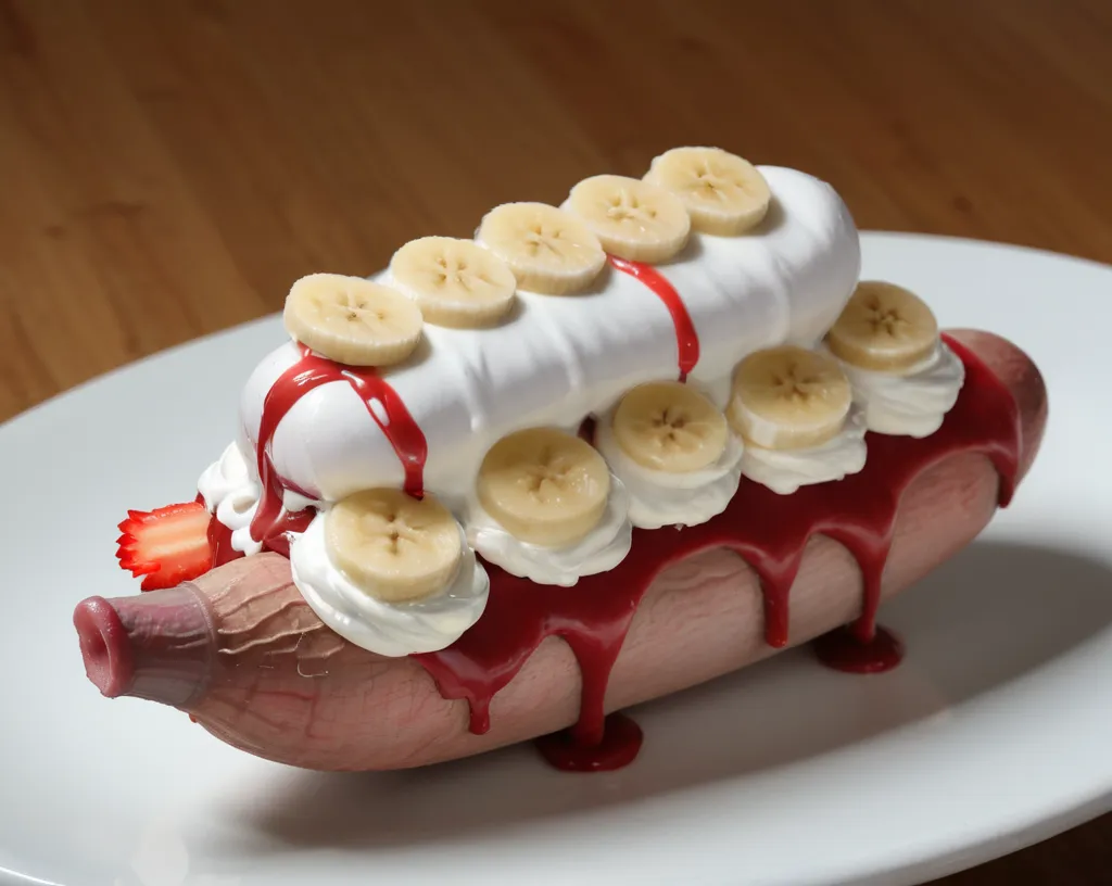 This image shows what appears to be a banana split. The banana is split in half and placed on a plate. The banana is topped with whipped cream, strawberry sauce, and sliced bananas.