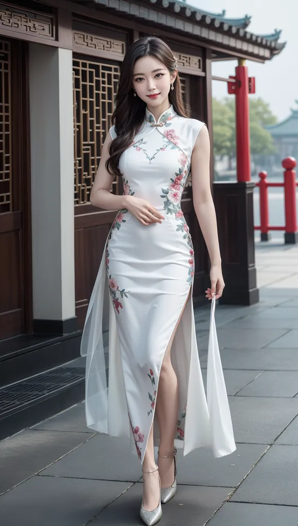 This is a picture of a woman wearing a white cheongsam. The cheongsam is a traditional Chinese dress that is typically worn by women. It is usually made of silk or other fine fabrics and is often decorated with intricate designs. The cheongsam is a very popular dress in China and is often worn for special occasions.