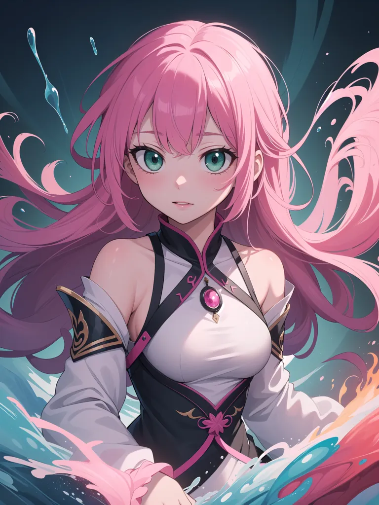 The image shows a beautiful anime girl with pink hair and green eyes. She is wearing a white and pink outfit and has a pink gem on her chest. She is surrounded by pink and blue flames and appears to be in a state of battle.