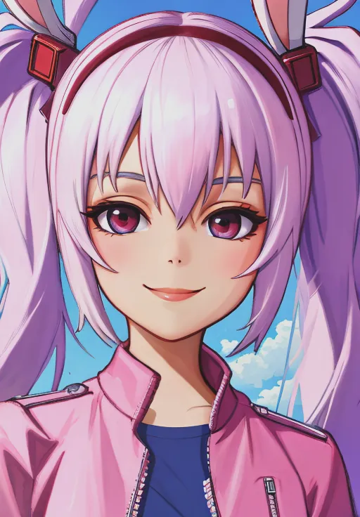 This image shows an anime-style girl with pink hair and eyes. She is wearing a pink jacket and has a friendly smile on her face. The background is a blue sky with white clouds.