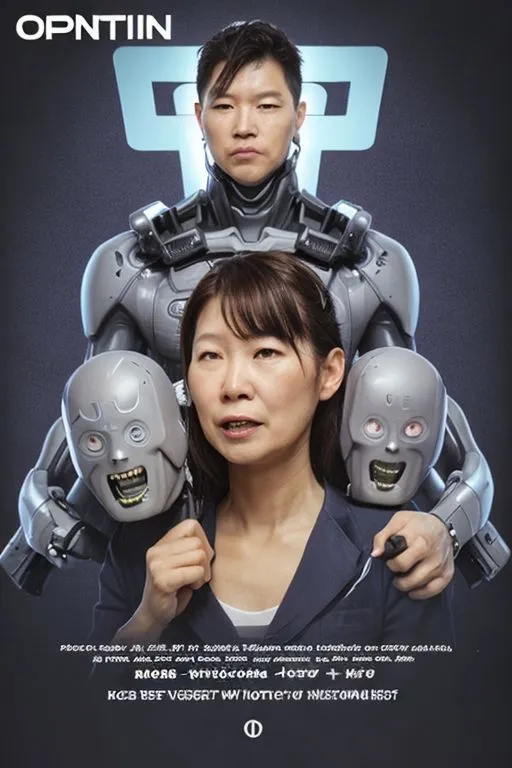 The image shows a woman and a robot. The woman is wearing a dark suit and has short brown hair. She is holding a knife in her right hand and has her left hand on the shoulder of the robot. The robot is wearing a grey suit and has a white face with no nose or mouth. It is holding the woman's head in its left hand and has its right hand on the woman's shoulder. In the background, there is a large blue and black circle with the word "OPTIN" in white letters in the center.