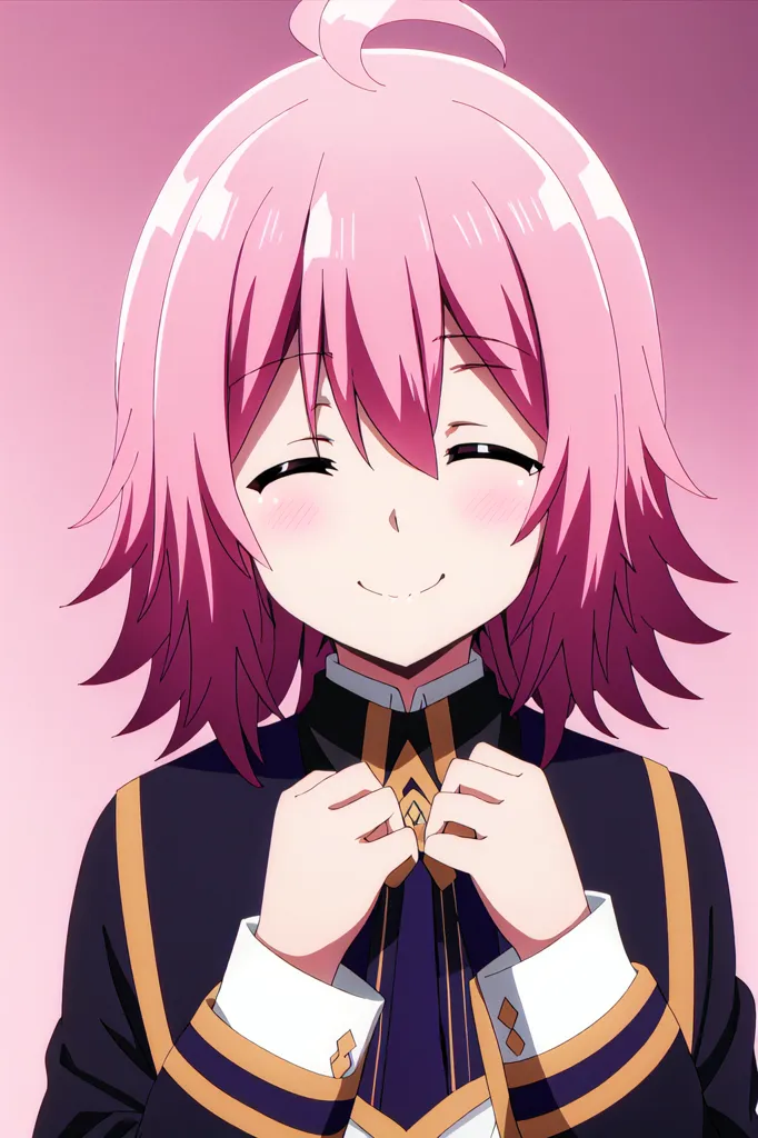 The image shows an anime-style girl with pink hair and purple eyes. She is smiling and has her hands clasped in front of her chest. She is wearing a white shirt with a purple jacket. The background is a light pink color.