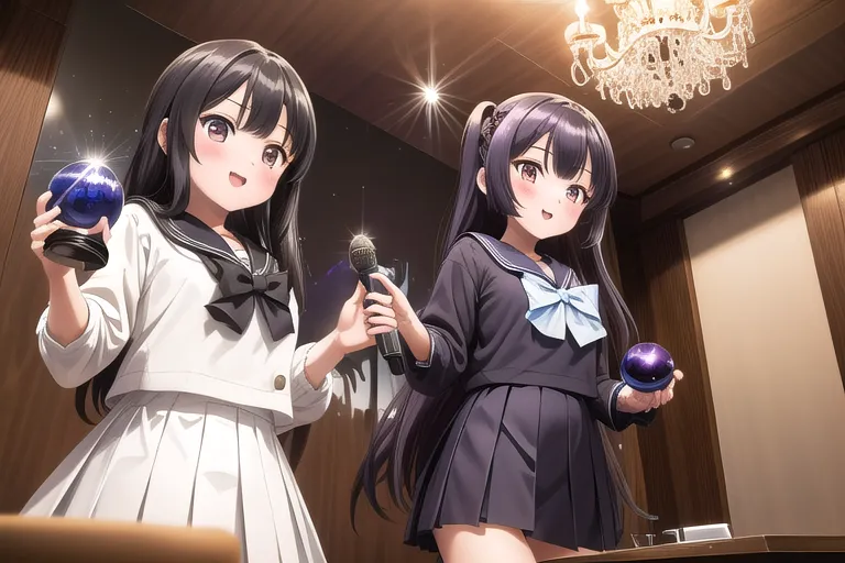 The image shows two cute anime girls in a karaoke room. They are both wearing school uniforms. The girl on the left has a shy expression on her face and is holding a microphone. The girl on the right has a more confident expression and is holding a tambourine. In the background, there is a chandelier and some curtains.