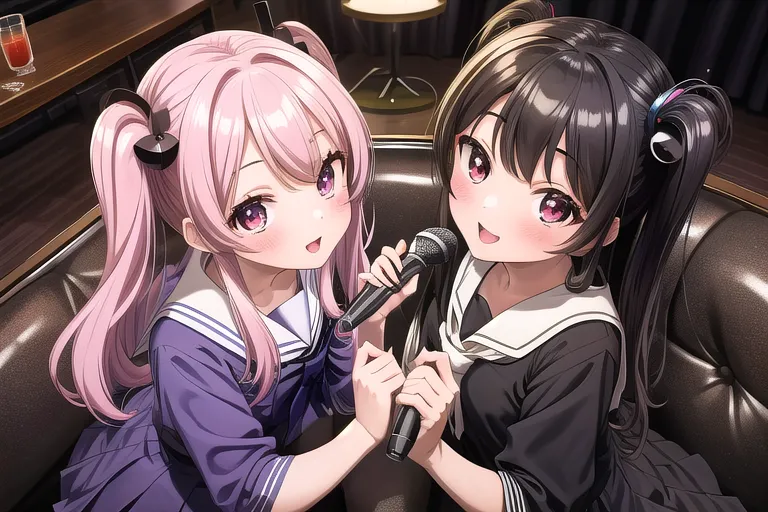 The image shows two anime girls singing karaoke. They are both wearing school uniforms. The girl on the left has pink hair and the girl on the right has black hair. They are both holding the same microphone and they are both smiling. The background is a bar with a brown leather booth and a lamp on the table.