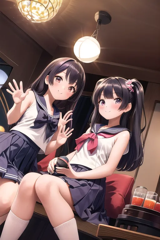 The image shows two anime girls in a karaoke bar. They are both wearing school uniforms. The girl on the left has long black hair and blue eyes. She is waving at the viewer. The girl on the right has long black hair and brown eyes. She is holding a microphone and singing. There are two drinks on the table between them.