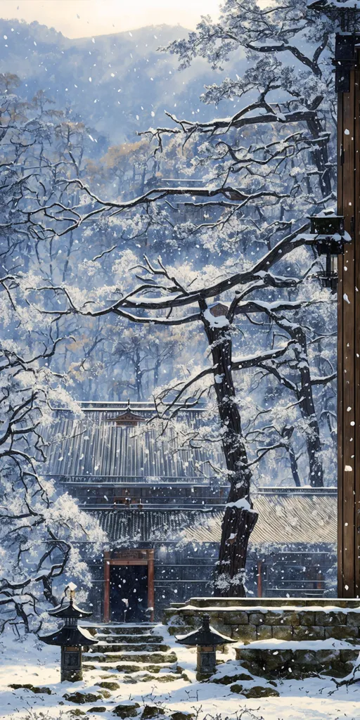 The image is a beautiful winter landscape of a traditional Chinese courtyard. The snow is falling heavily, and the trees and bushes are covered in a thick blanket of white. The courtyard is silent, and the only sound is the gentle falling of the snow. The image is very peaceful and serene, and it captures the beauty of the winter