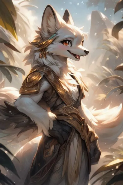 The image shows a white fox anthropomorphic character with brown eyes and long, fluffy ears. It is wearing a golden and white outfit with a brown belt and has a confident expression on its face. The background is a blur of white and green, suggesting a forest setting.