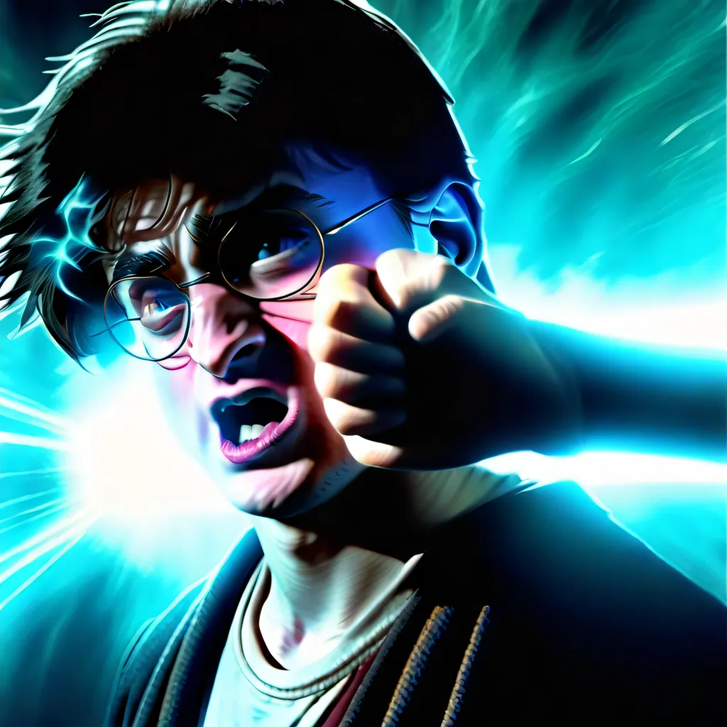 The picture shows Harry Potter, a character from the Harry Potter series, with his fist raised in the air, ready to cast a spell. He is wearing his signature round glasses and a determined expression on his face. The background is a bright, swirling vortex of blue and green.