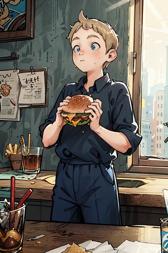 A young boy with blond hair and blue eyes is eating a burger. He is wearing a blue shirt and pants. The boy is sitting in a restaurant. There is a window next to him and a counter with food on it. The boy is looking at the burger in his hands. He has a surprised expression on his face.