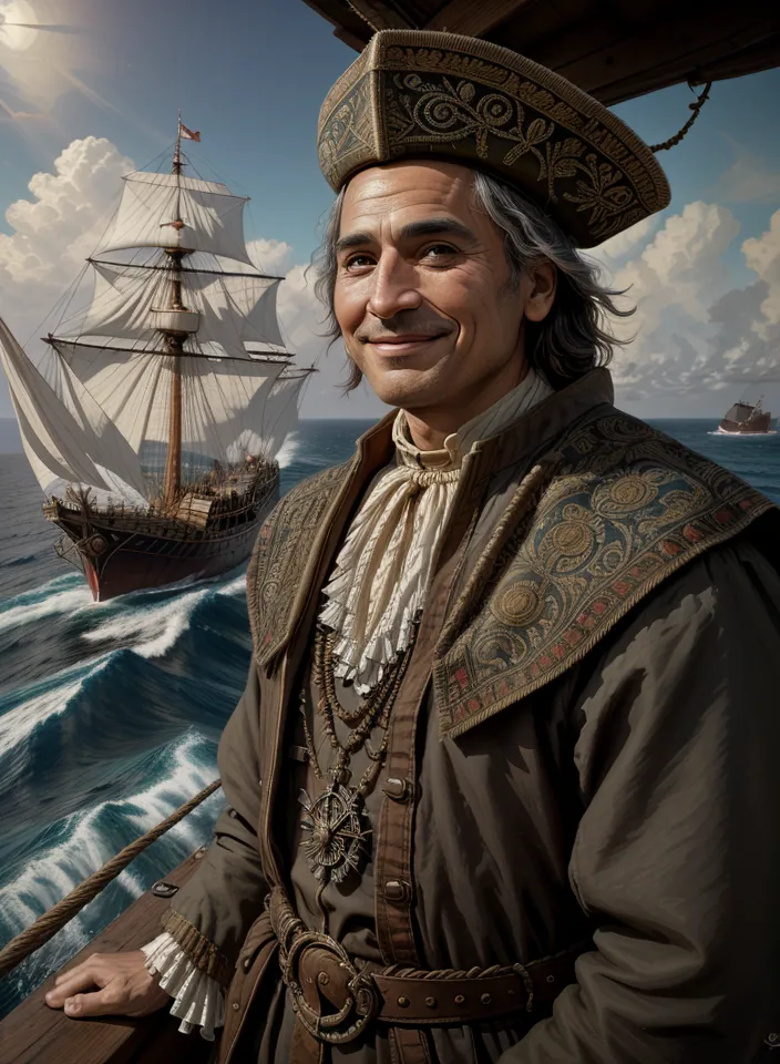 The image shows a man in a brown coat and a feathered hat. He is standing on the deck of a ship, with the ocean in the background. The man has a confident smile on his face, and he is looking out at the sea. He is wearing a sword and a dagger, and he has a compass around his neck. The ship is sailing through a storm, and the waves are crashing against the side of the ship. The man is holding onto a rope, and he is bracing himself against the wind. He is wearing a confident smile, and he seems to be enjoying the adventure.