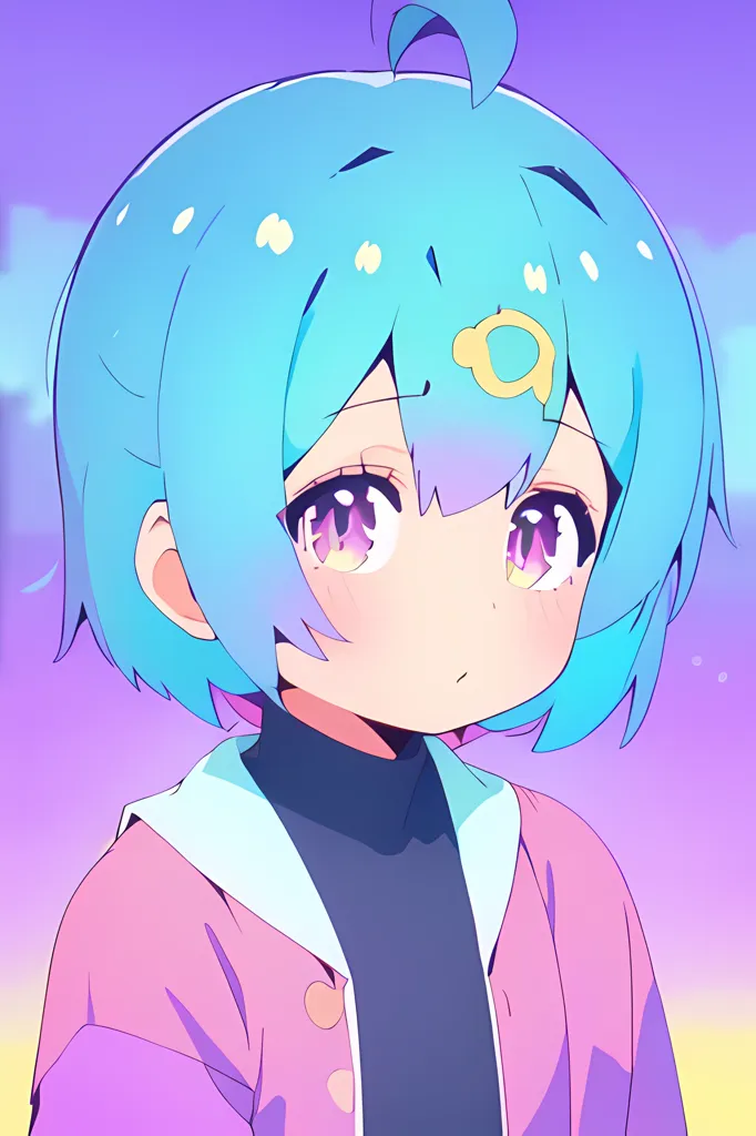 This is an image of an anime-style girl with blue hair and purple eyes. She is wearing a pink jacket and a black turtleneck sweater. She has a small ahoge on the top of her head. She is looking to the right of the viewer with a slightly sad expression on her face. The background is a gradient of purple and pink.