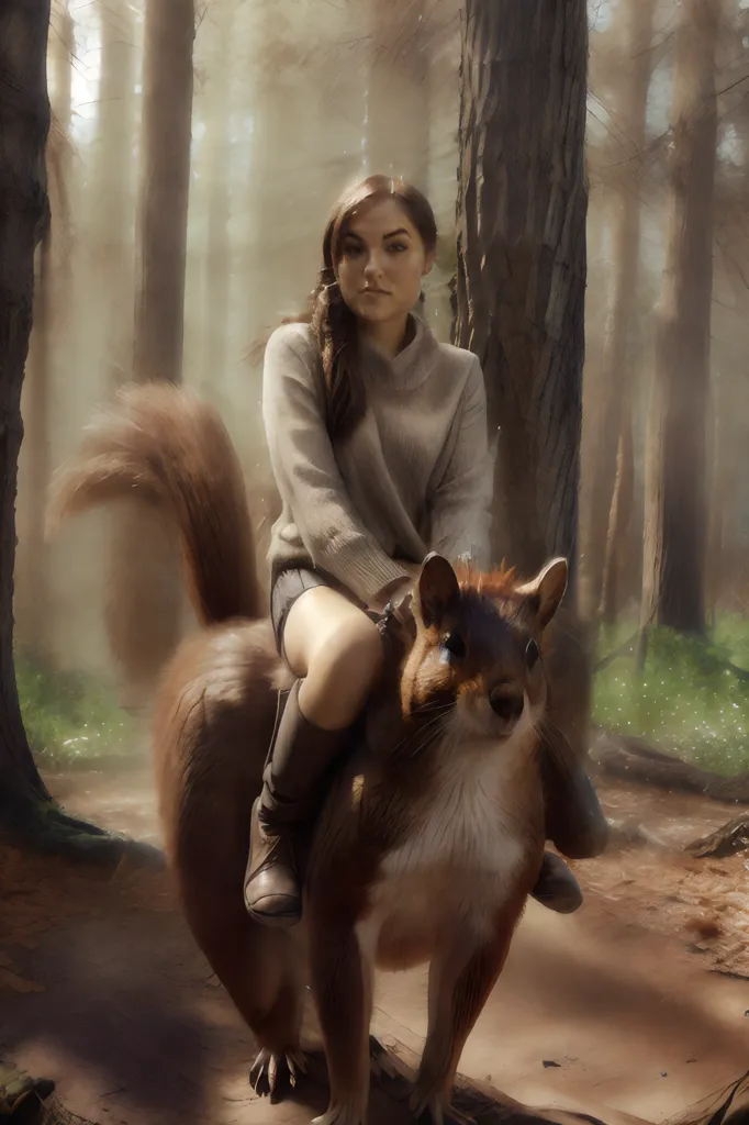 A young woman is riding a giant squirrel through a forest. The woman is wearing a white sweater and brown boots. The squirrel is brown and white with a long bushy tail. The forest is full of tall trees and green leaves. The sun is shining through the trees. The woman is smiling and looks happy. The squirrel is looking straight ahead.