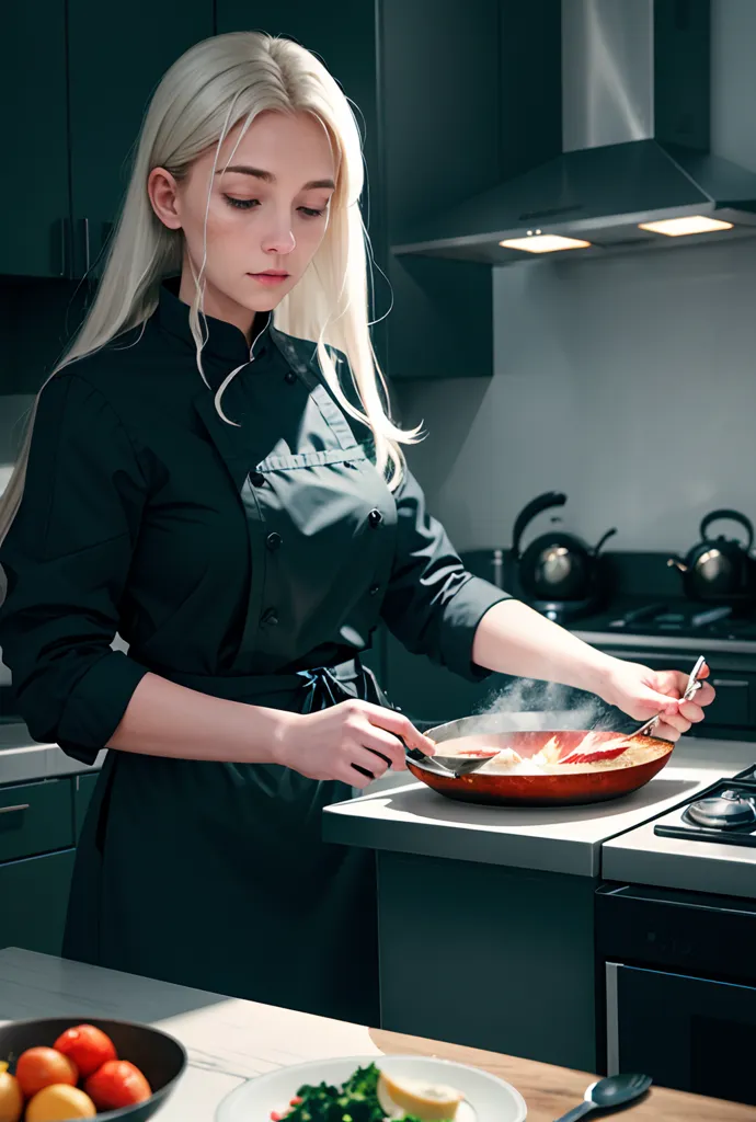 A beautiful young woman with long blond hair is cooking in a kitchen. She is wearing a black chef's coat and a white apron. She is holding a frying pan and is stirring the food with a wooden spoon. There are some tomatoes and parsley on the table.