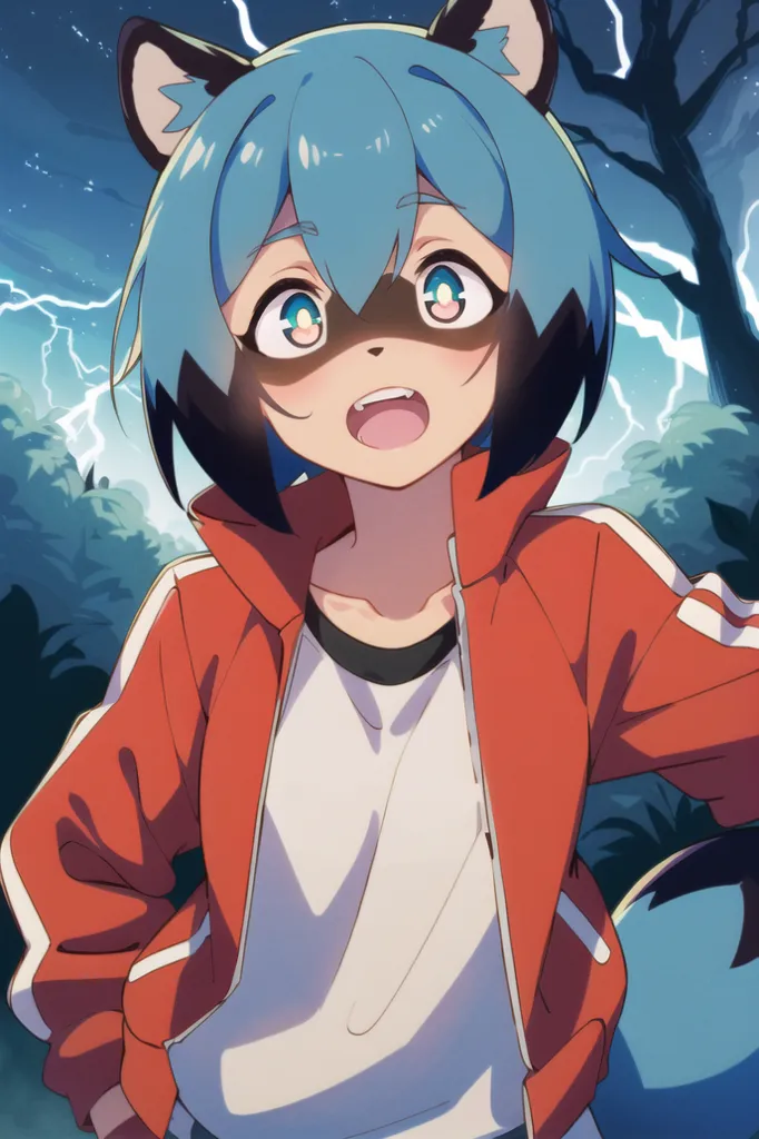 This image shows an anime-style raccoon girl with blue hair and black eyes. She is wearing a red and white tracksuit. She is standing in a forest at night. There is a lightning storm in the background. The girl is looking at the viewer with an excited expression on her face.