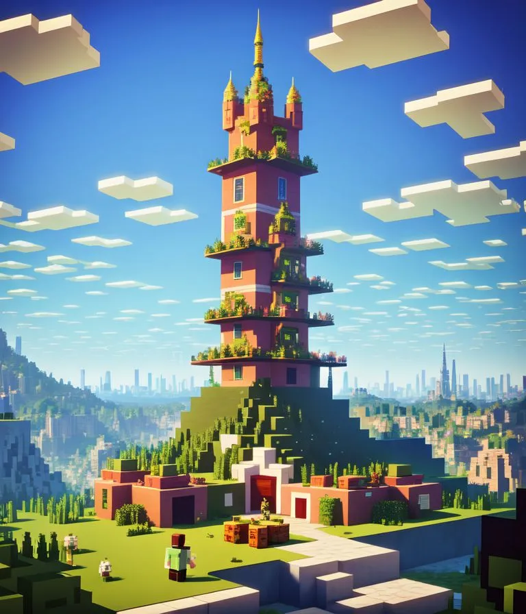 图像显示了一座建在Minecraft世界中的高塔。这座塔由红白色的方块建成,有许多阳台和窗户。它被一片绿色的景观包围,有树木和丘陵。天空中也有一些云朵。一个人站在塔前,仰望着它。