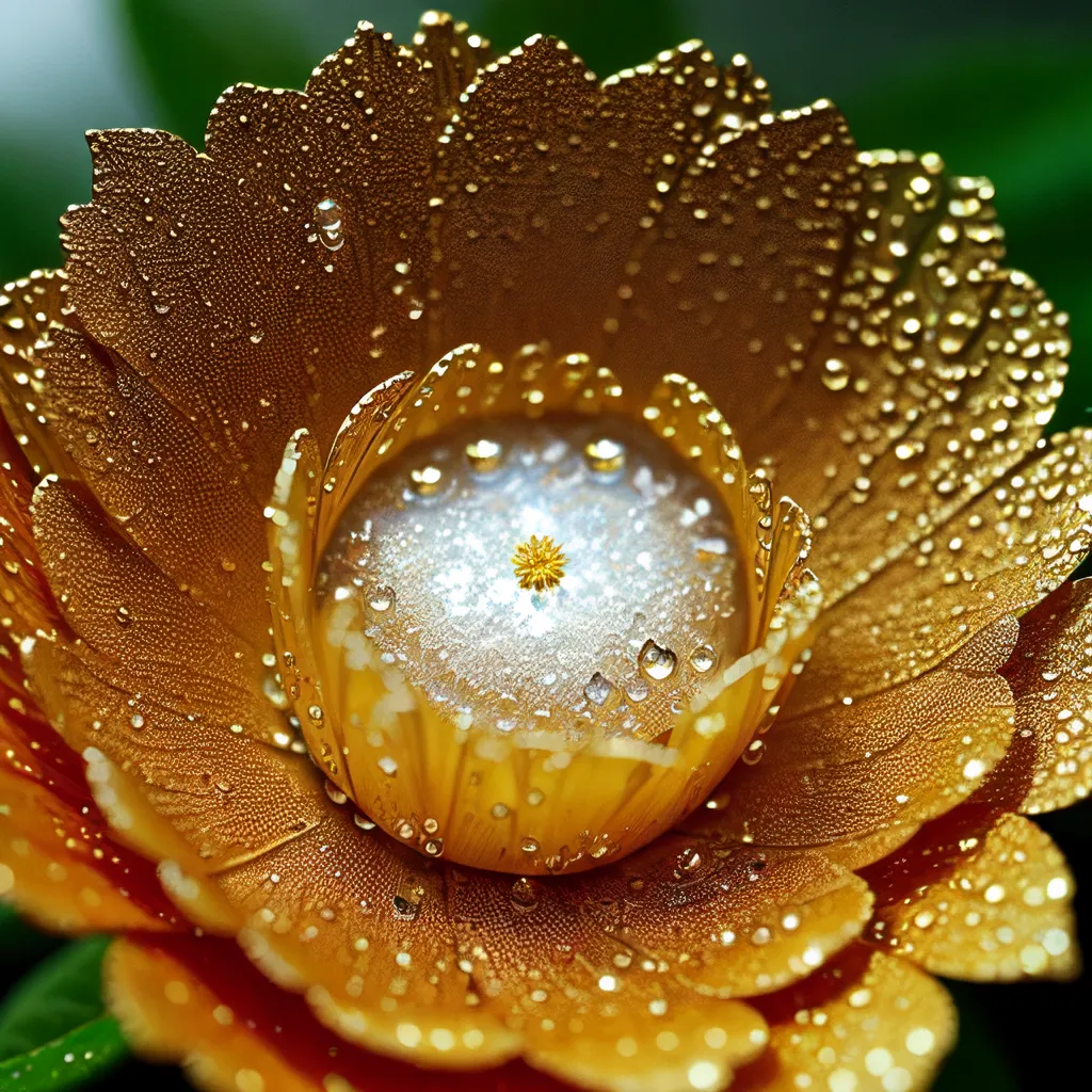 图像是一朵金色花朵的特写。花瓣在阳光下湿润而闪耀。花朵中心有一朵小白花。花瓣的边缘镶嵌着细小的金色水珠。这朵花置于深绿色叶子的背景之中。