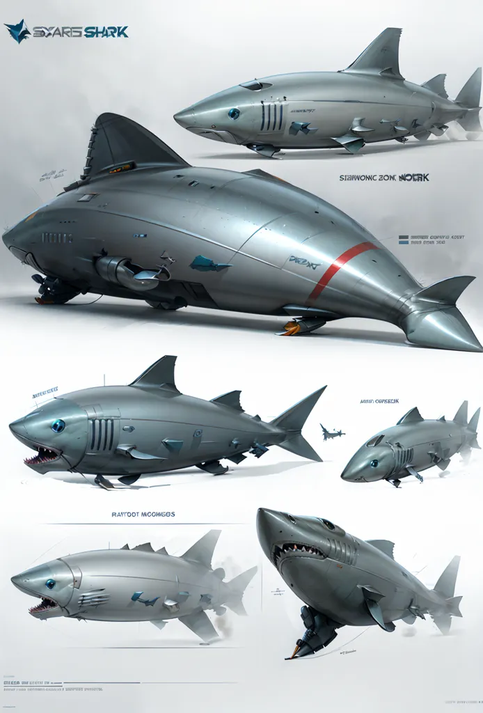 The image shows five different types of robotic sharks. The first one is called the \