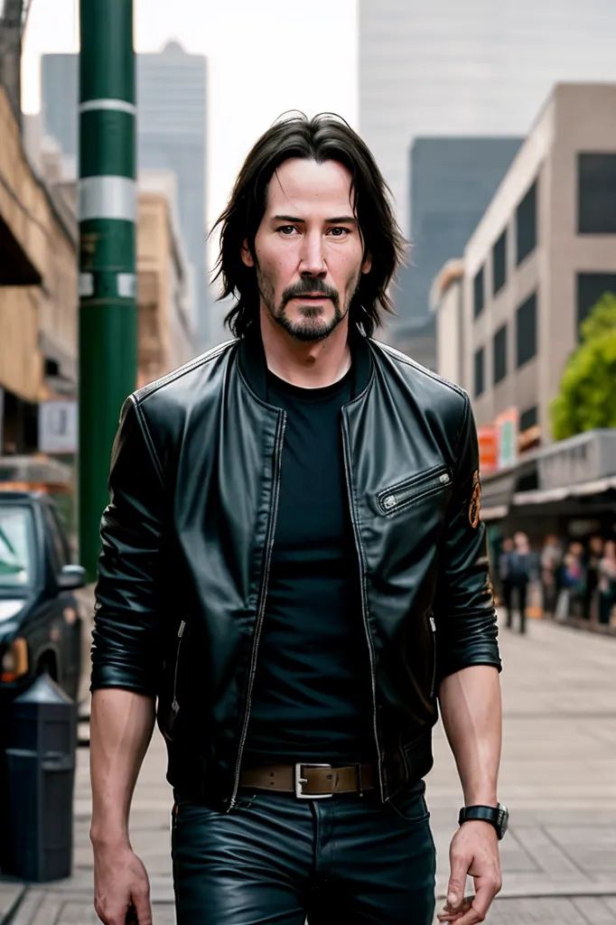 This is a picture of Keanu Reeves. He is wearing a black leather jacket, a black t-shirt, and black pants. He is also wearing a brown belt and a watch. He has his hands in his pockets and is looking at the camera. He is standing in a city street with blurred cars and people walking in the background.