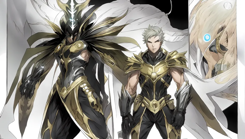 This is an image of two anime characters. They are both wearing armor and look like they are ready for battle. The character on the left has black and white hair and is wearing a black and gold-trimmed outfit. He is also wearing a helmet with a visor. The character on the right has blond hair and is wearing a gold and white outfit. He is also wearing a helmet with a visor. Both characters are standing in front of a white background.