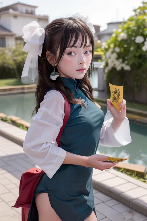 The image shows a young woman wearing a cheongsam. The cheongsam is a traditional Chinese dress that is typically worn by women. It is usually made of silk or other fine fabrics and is often decorated with intricate designs. The woman in the image is wearing a blue cheongsam with a white collar and white sleeves. She is also wearing a white bow in her hair, which is long and black. The woman is standing in a garden, and there are flowers and trees in the background.