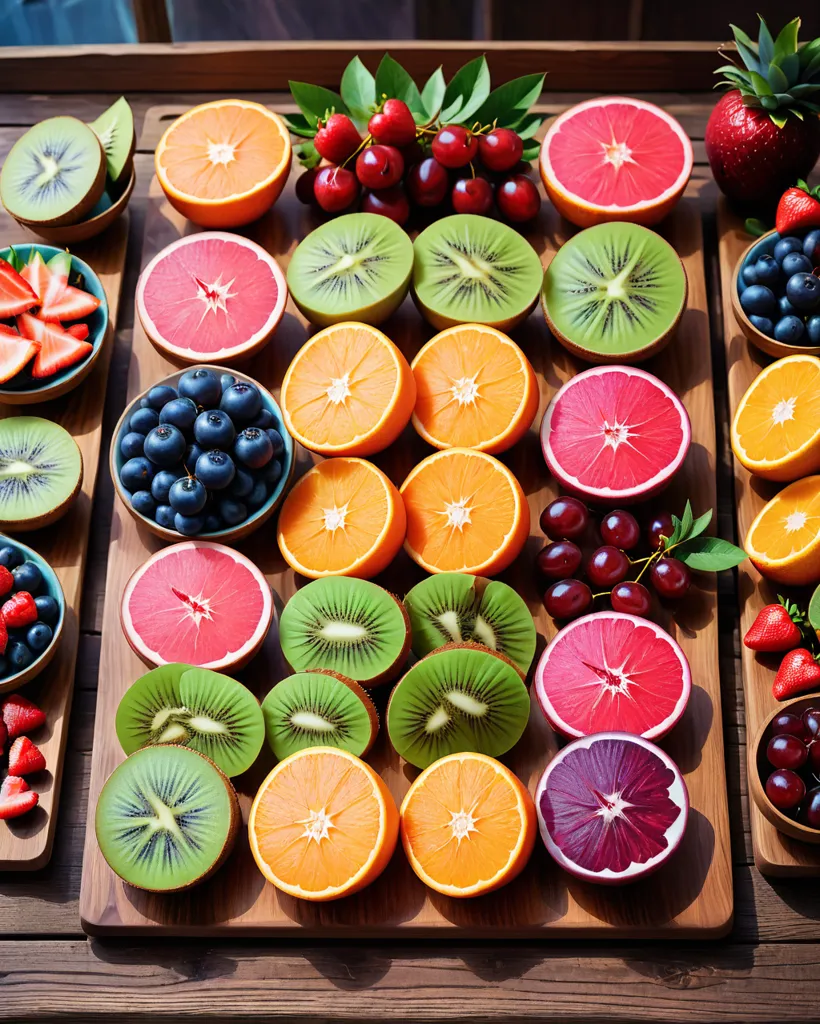 The image shows various fruits arranged on a wooden table. There are four types of citrus fruits: orange, blood orange, grapefruit, and lime. There are also blueberries, raspberries, strawberries, cherries, and grapes. The fruits are all arranged in a visually appealing way.