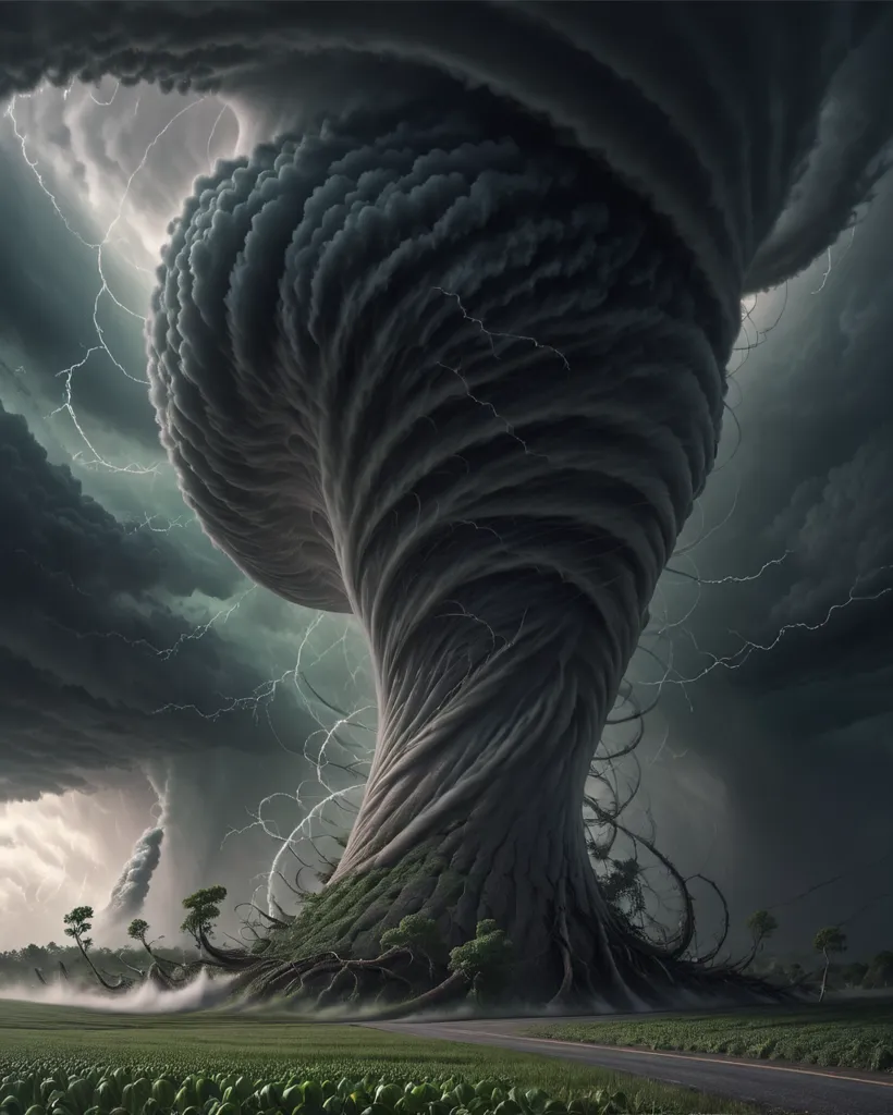 The image is a digital painting of a tornado. The tornado is depicted as a massive, swirling funnel of dark clouds and debris. It is surrounded by lightning and is destroying everything in its path. The tornado is set in a rural landscape, with a road and a field of crops in the foreground. The image is dark and dramatic, and it conveys a sense of the power and destructive forc