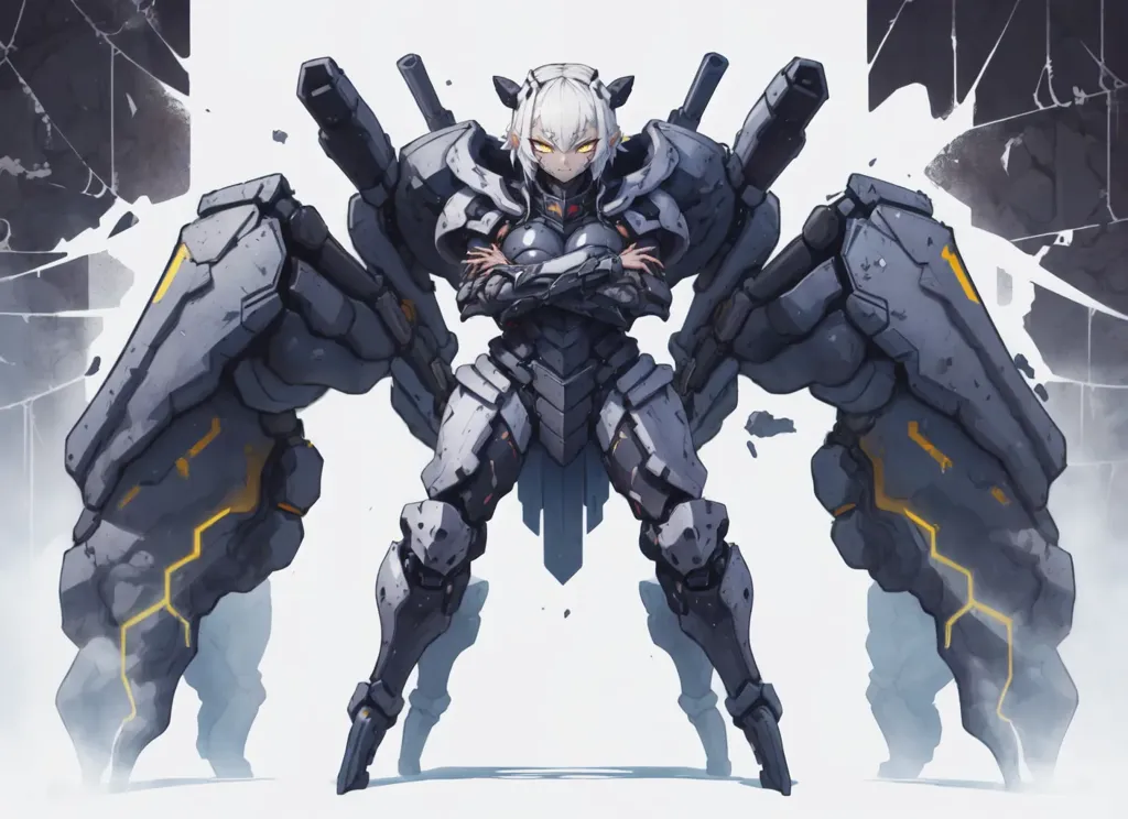 The image depicts a mecha girl. She has white hair and yellow eyes. She is wearing a grey and yellow armor. She has a pair of cannons on her shoulders and a pair of smaller cannons on her arms. She is standing in a fighting stance.