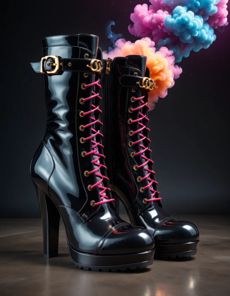 A pair of black boots with pink laces and gold buckles are sitting on a reflective surface against a dark background. There is a colorful cloud of pink, blue, and yellow smoke rising from the top of the boots.