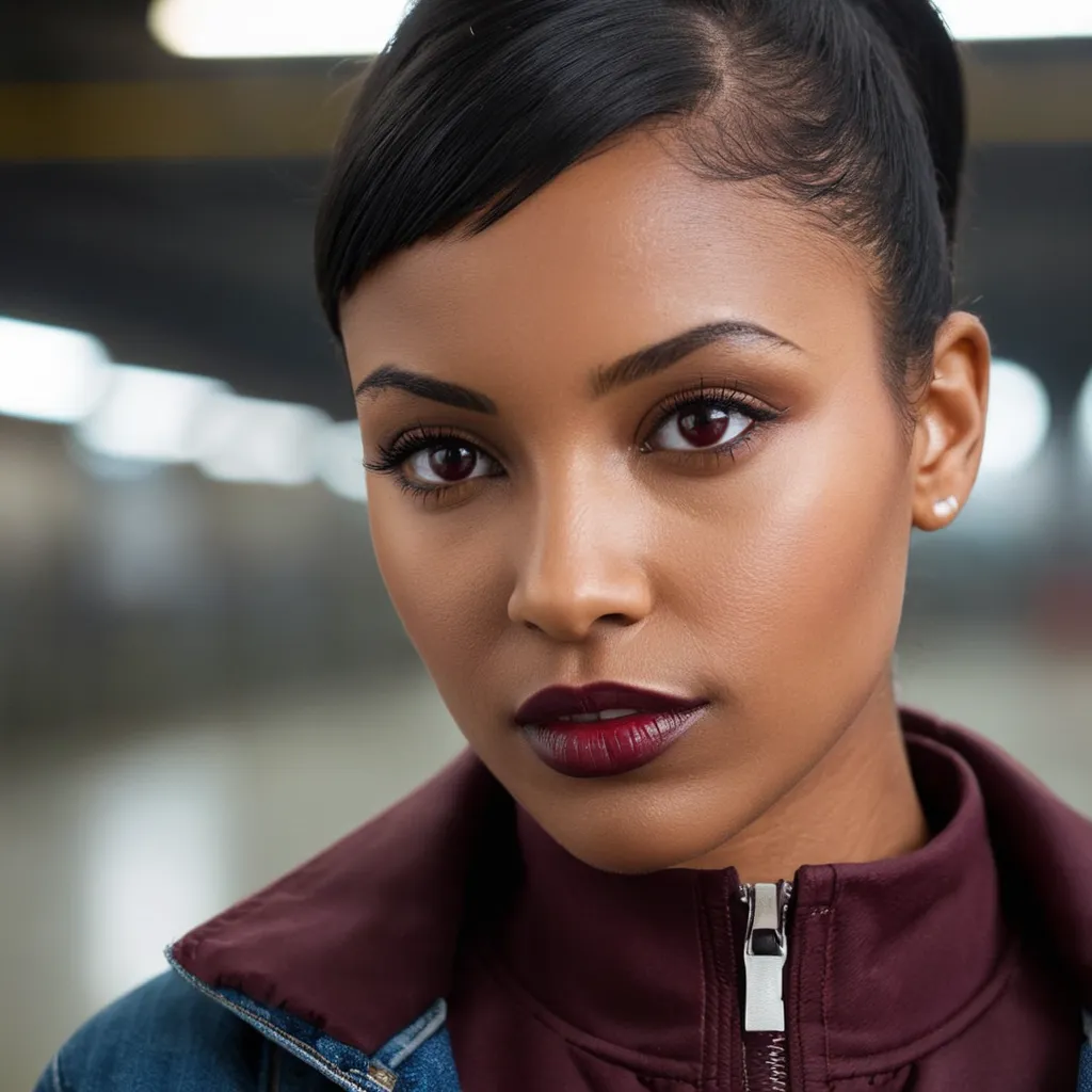 This is a picture of a young woman, probably in her early 20s. She has dark brown hair tied in a ponytail, dark brown eyes, and dark skin. She is wearing a maroon jacket and a blue shirt. She is looking at the camera with a serious expression.