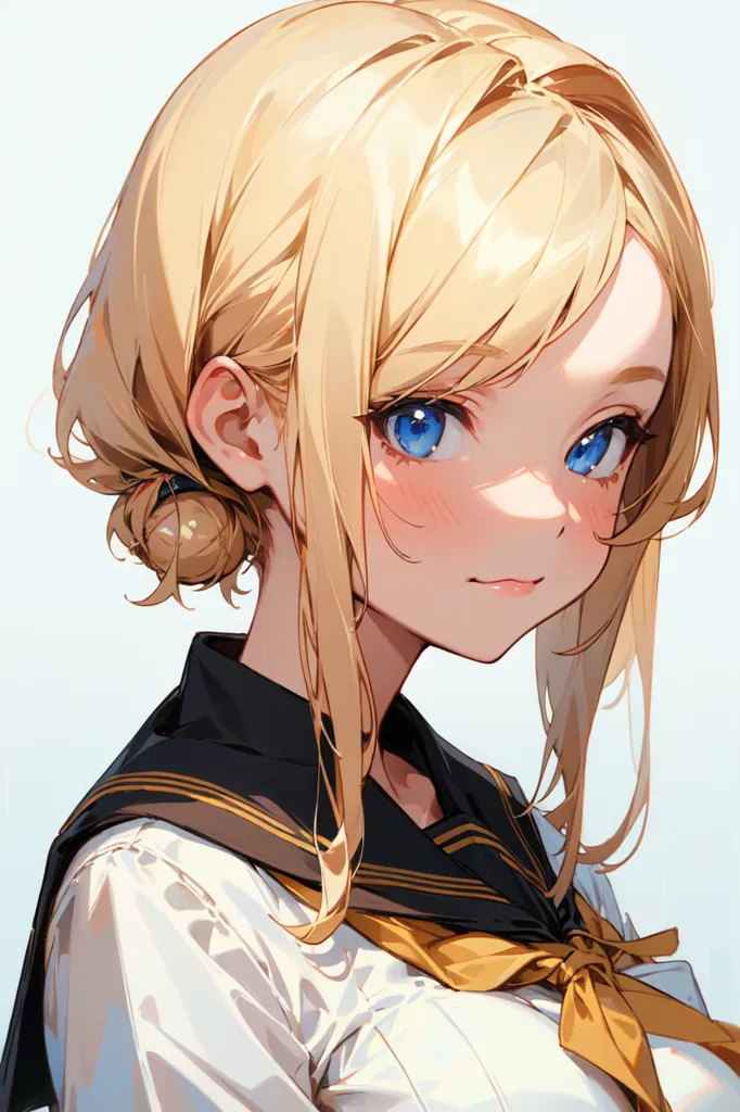 This is an image of a young girl with long blonde hair and blue eyes. She is wearing a white shirt with a black collar and a yellow bow. She has a gentle smile on her face.