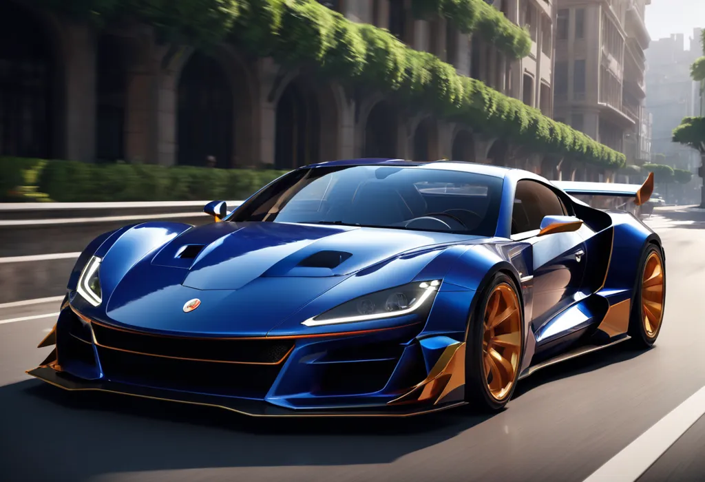 This is a blue and gold sports car. It is parked on a city street with trees and buildings in the background. The car has a sleek design and a powerful engine. It is a very expensive car and is sure to turn heads wherever it goes.