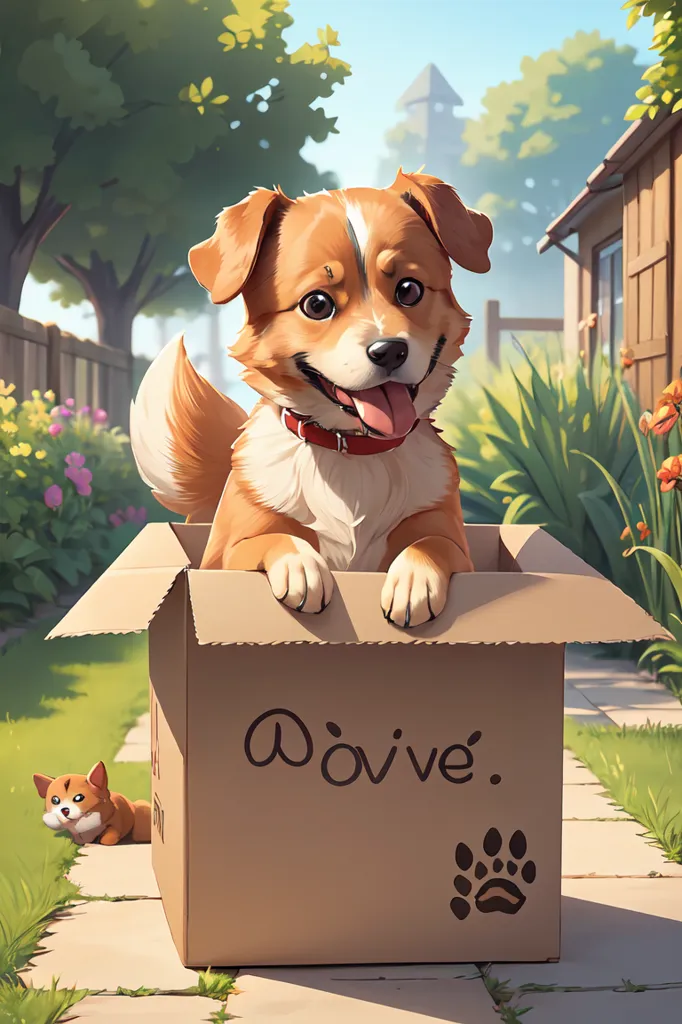 The image shows a cute puppy sitting in a cardboard box. The puppy is brown and white, with a red collar. It has a happy expression on its face and is looking up at the viewer. The box has the word "Dóve" written on it. The puppy is sitting on a grassy patch of land, with a small fence to the left and a house in the background. There are some flowers and bushes near the fence. The image is drawn in a cartoon style and has a warm and inviting atmosphere