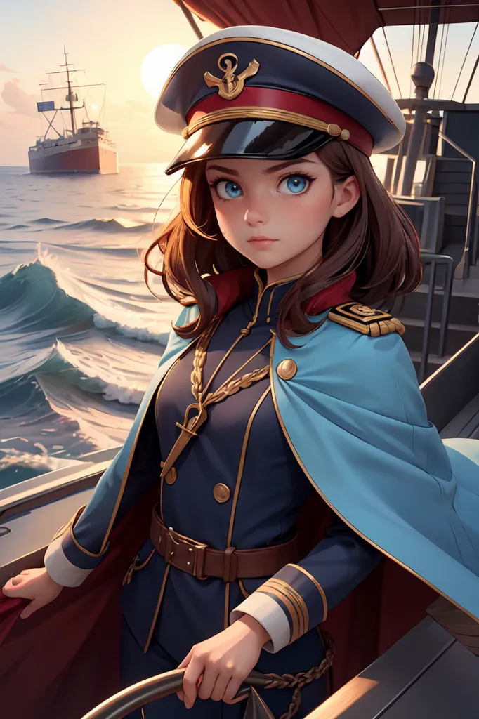 This image shows a young woman standing on the deck of a ship. She is wearing a blue and white naval uniform and a white hat with a gold anchor on it. She has brown hair and blue eyes, and she is looking out at the sea. There is another ship in the distance.