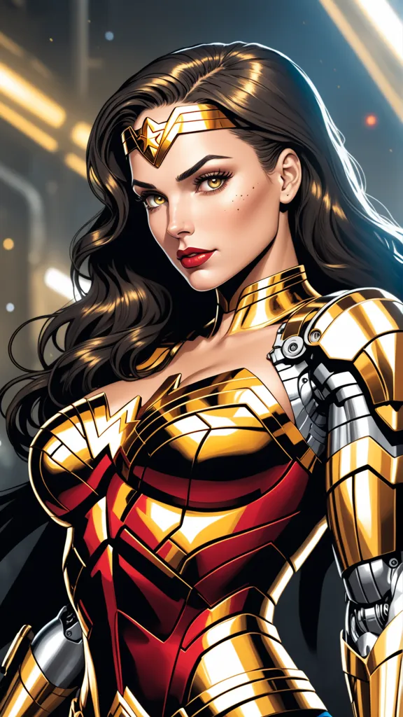 This is an image of Wonder Woman, a superhero from DC Comics. She is wearing her iconic red, blue, and yellow costume and has her hair flowing behind her. She is standing in a powerful pose, ready to fight for justice. The background is a dark, futuristic cityscape.