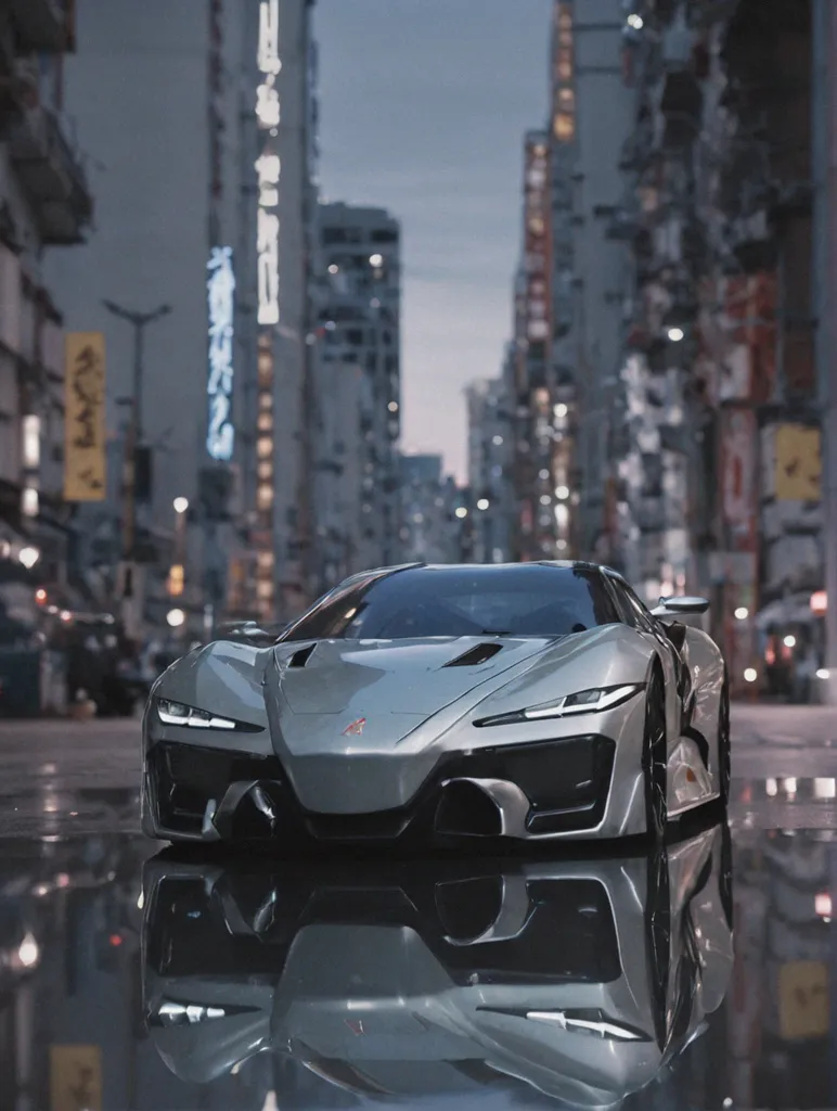 A silver sports car is parked on a wet city street. The car is sleek and futuristic, with a low profile and sharp lines. The street is lined with tall buildings, and the city lights are reflected in the car's shiny surface. The car is a vision of the future, and it's clear that it's capable of incredible performance.