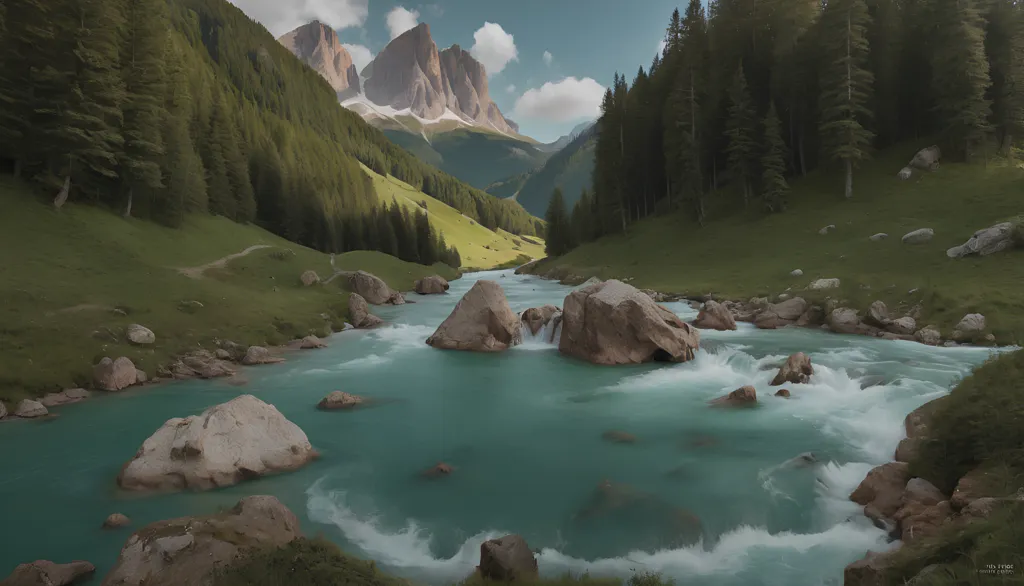 The image shows a beautiful mountain landscape with a river in the foreground. The river is flowing through a valley between two mountains. The mountains are covered with snow and the valley is green with vegetation. There are some trees on the banks of the river and some rocks in the riverbed. The sky is blue and there are some clouds in the sky. The image is very peaceful and serene.