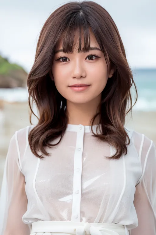 This is a photo of a young Japanese woman with long, dark hair and bangs. She is wearing a white blouse and has a serene expression on her face. The photo is taken from a slightly elevated angle, and the background is blurred.