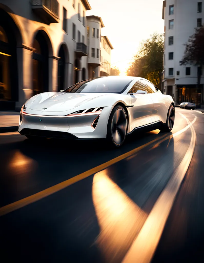 The image shows a white futuristic sports car driving on an asphalt road in the city. The car is sleek and stylish, with a long hood and a short trunk. It has a large windshield and a small rear window. The car is surrounded by tall buildings and trees, and the sun is shining brightly. The car is moving quickly, and it is clear that the driver is enjoying the ride.