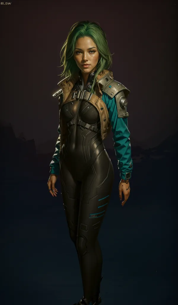 The image shows a young woman, probably in her 20s, with green hair and brown eyes. She is wearing a black bodysuit and a brown jacket. She is also wearing a lot of belts and other accessories. She has a confident expression on her face and looks like she is ready for anything. The background is dark and out of focus.