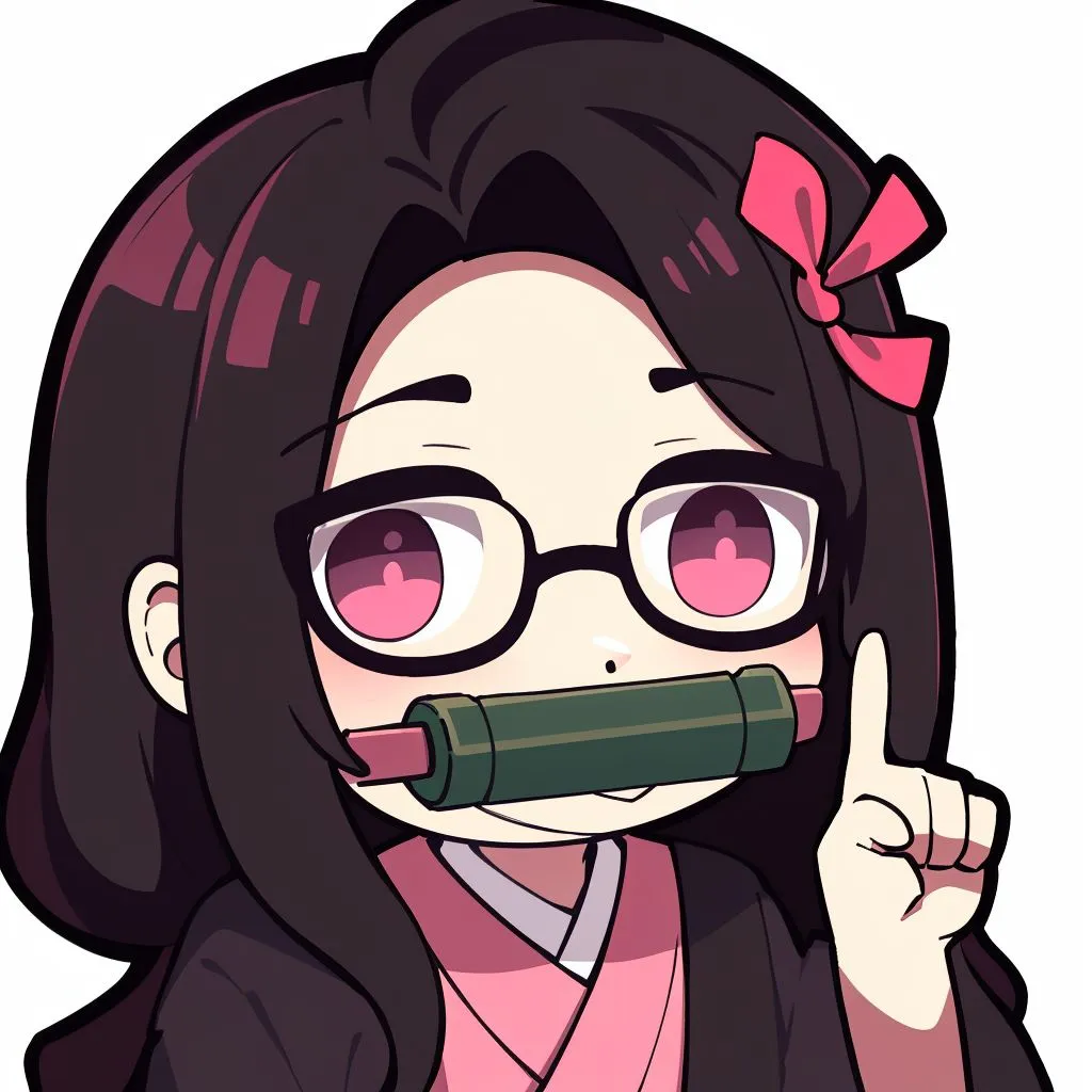 The image shows an anime girl with long black hair and pink eyes. She is wearing a pink kimono and a white haori with a green and pink checkered pattern. She has a bamboo muzzle in her mouth and is pointing her finger up. She is also wearing glasses.