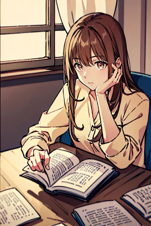 A young girl is sitting at a desk, reading a book. She has long brown hair and brown eyes. She is wearing a white shirt. The desk is covered in books and papers. The girl is looking at the book she is reading with a thoughtful expression on her face. It seems like she is studying for an exam.