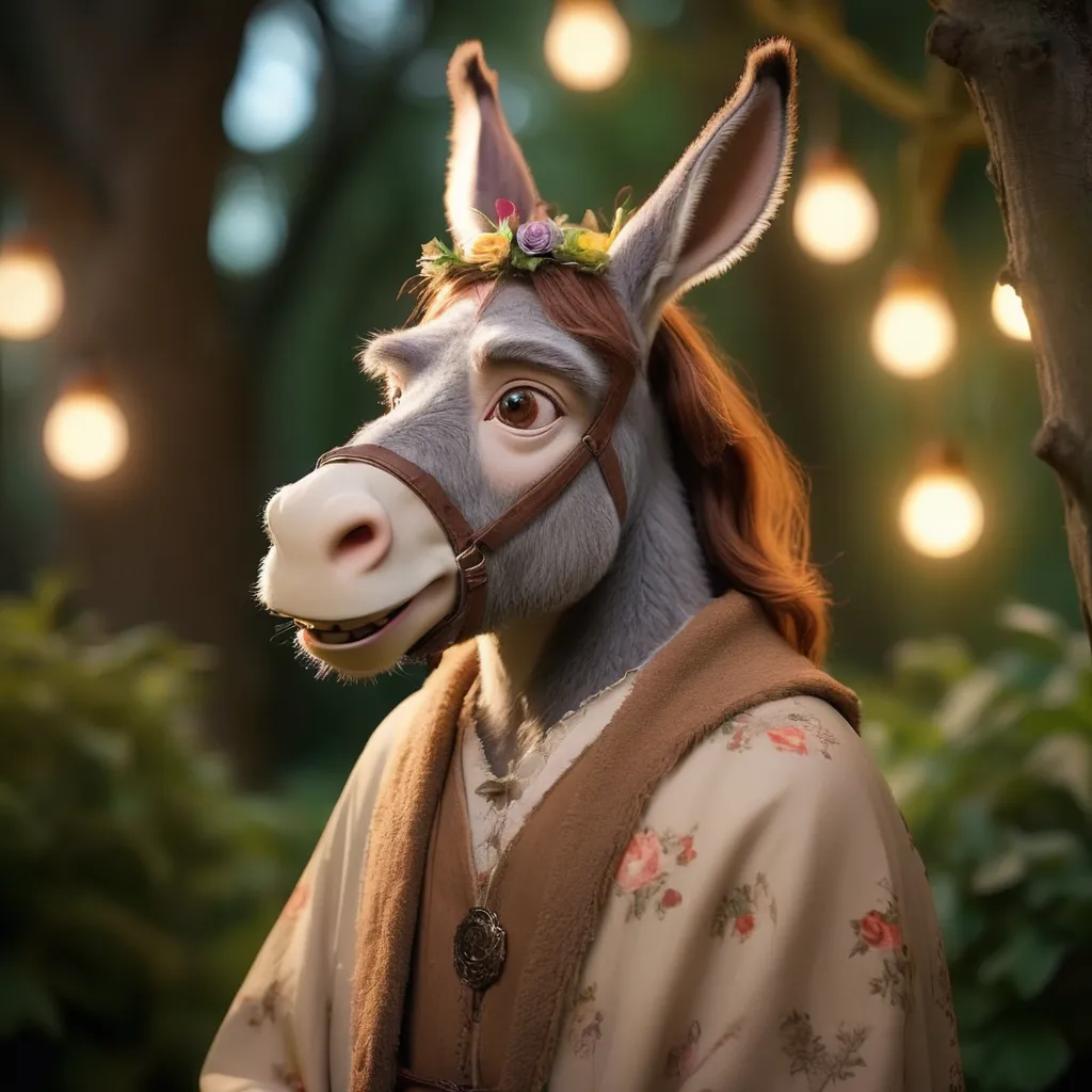 The image shows a computer-generated donkey. It has brown fur, a white belly, and a long tail. It is wearing a brown and white floral-patterned robe with a gold button and a light-colored shirt underneath. It also has a wreath of pink, yellow, and purple flowers on its head. The donkey is standing in a forest, and there are several small, round lights hanging in the trees behind it.