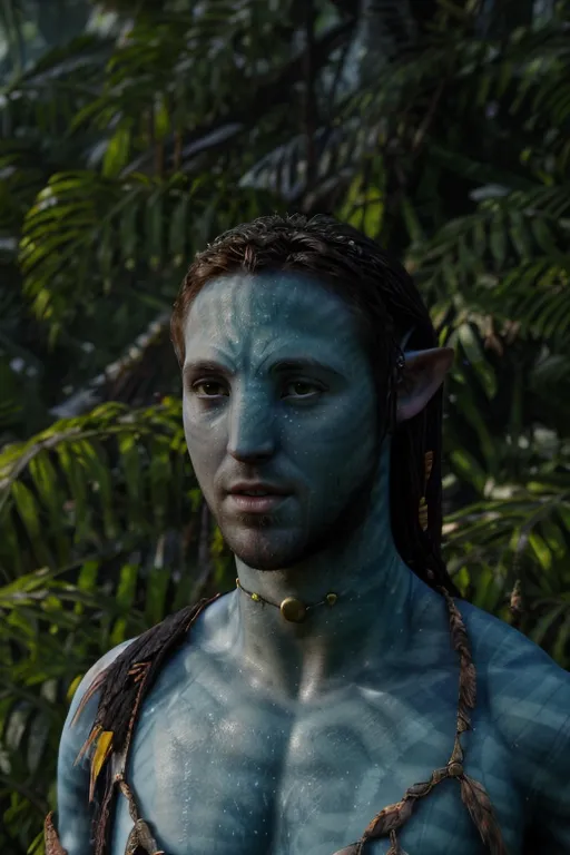 The image shows a male Na'vi, a fictional humanoid species from the movie Avatar. He has blue skin, brown hair, and yellow eyes. He is wearing a loincloth and a necklace. He is standing in a forest, surrounded by green leaves.