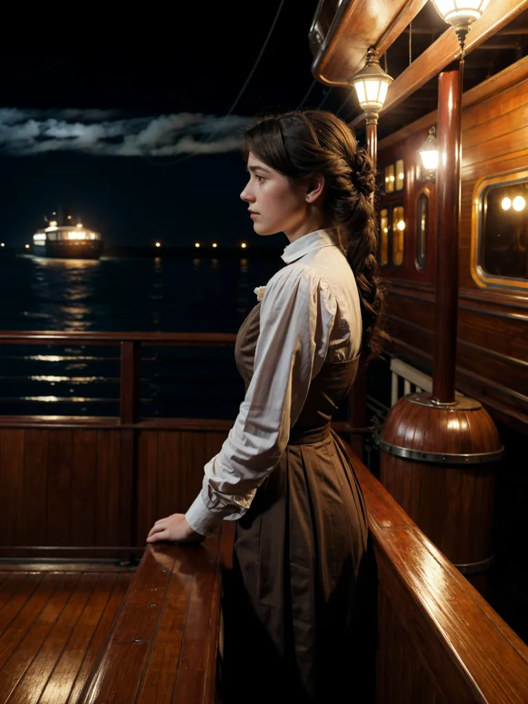 A young woman in a brown dress and white blouse stands on the deck of a ship at night. She is looking out at the water with a pensive expression on her face. There is a lantern on the ship which is providing light. There is another ship in the distance.