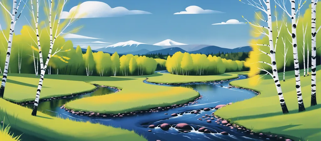 This is a vector illustration of a mountain landscape with a river running through it. The sky is blue and cloudy, and the mountains are in the distance. The river is in the foreground, and it is surrounded by trees and grass. There are also some rocks in the river. The image is done in a realistic style, and the colors are vibrant and bright.