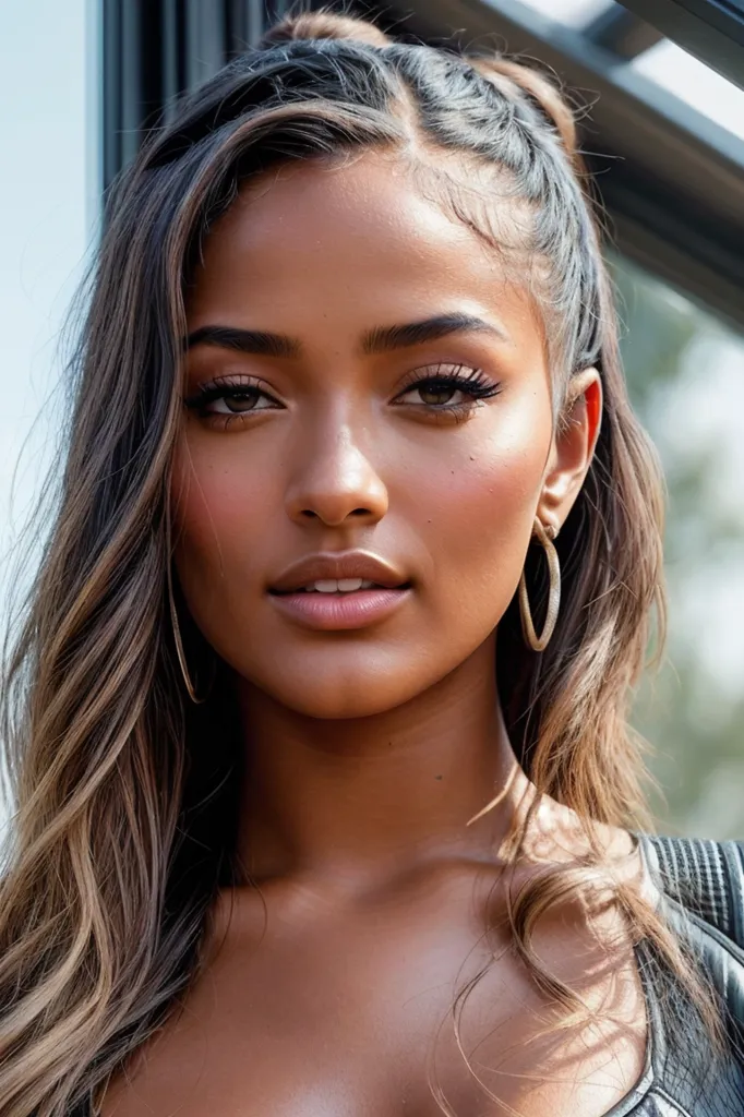 This is a picture of a young woman, who appears to be in her early 20s. She has long, wavy hair with a few loose braids at the top of her head. Her skin is flawless and her eyes are a light brown color. She is wearing a black leather jacket and a light colored top. She has a hoop earring in her left ear. She is looking at the camera with a serious expression.