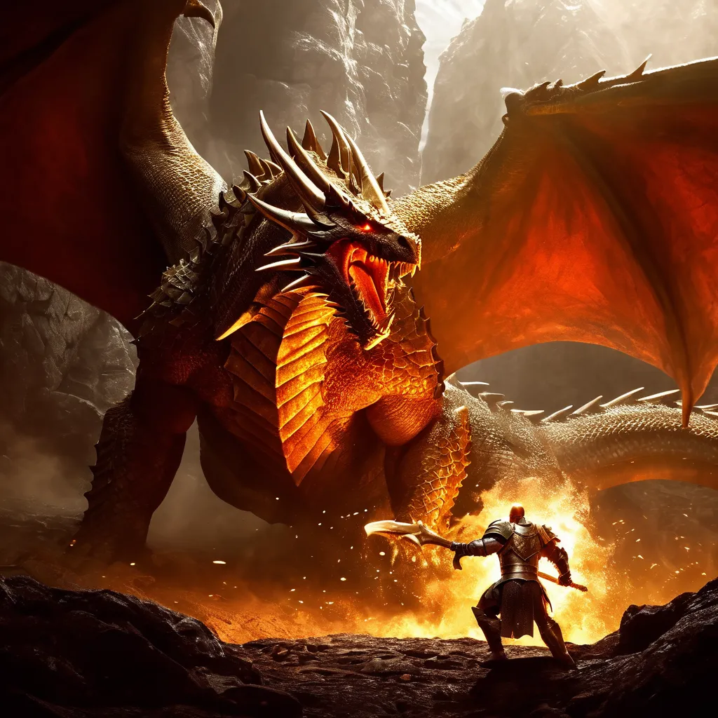 The image shows a dragon and a knight. The dragon is large and powerful, with golden scales and a long, serpentine body. It is standing on a rocky ledge, and its wings are spread wide. The knight is small and insignificant in comparison to the dragon, but he is bravely facing the creature with his sword drawn. The background of the image is a dark and stormy sky, with lightning flashing in the distance.