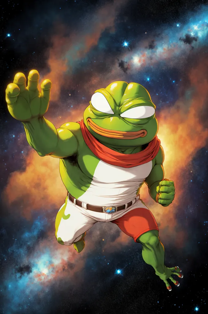 The image shows a muscular anthropomorphic frog wearing a white shirt, red cape, and white pants. He has his left hand raised and is surrounded by a starry background.